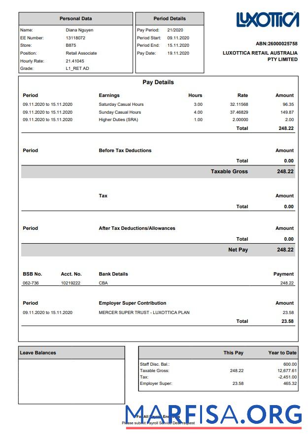 Printable Luxottica Retail Paystub download for verification